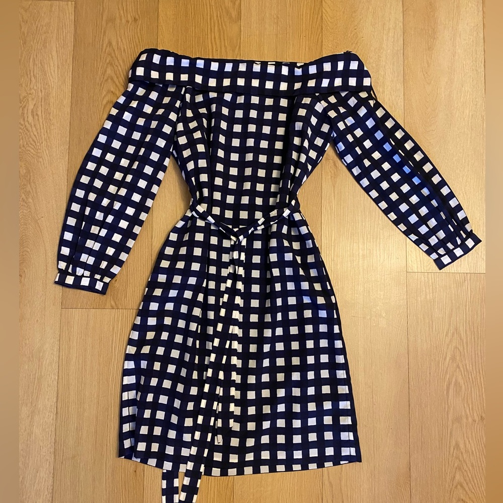 NWT Off-Shoulder Navy Checkered Dress Size XS